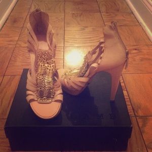 L.A.M.B. DALVA Leather Silver Coin Platform Heels